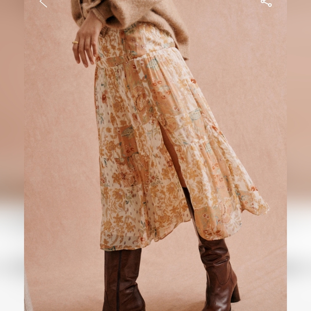 NWT Sezane Tammie Floral Tiered A-Line Midi Skirt in Peach and Cream